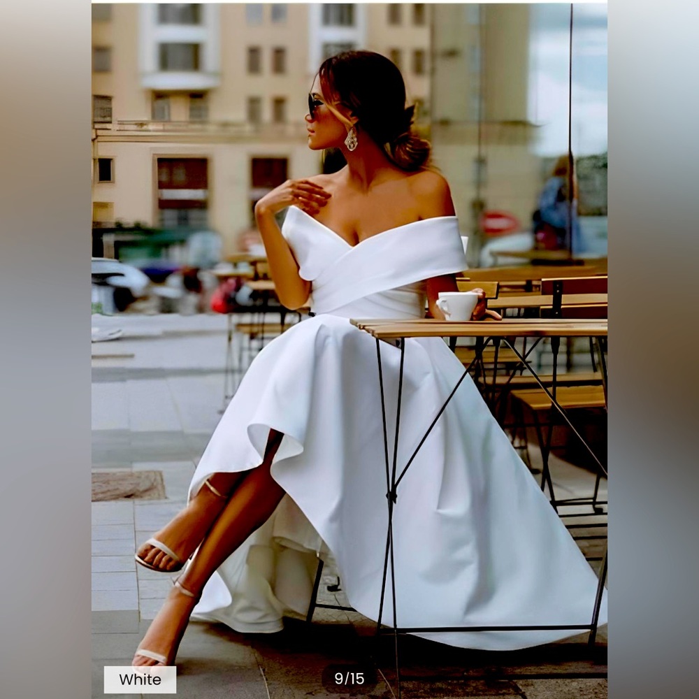 A-Line Off-The-Shoulder Sleeveless Satin Tea-Length Wedding Dress